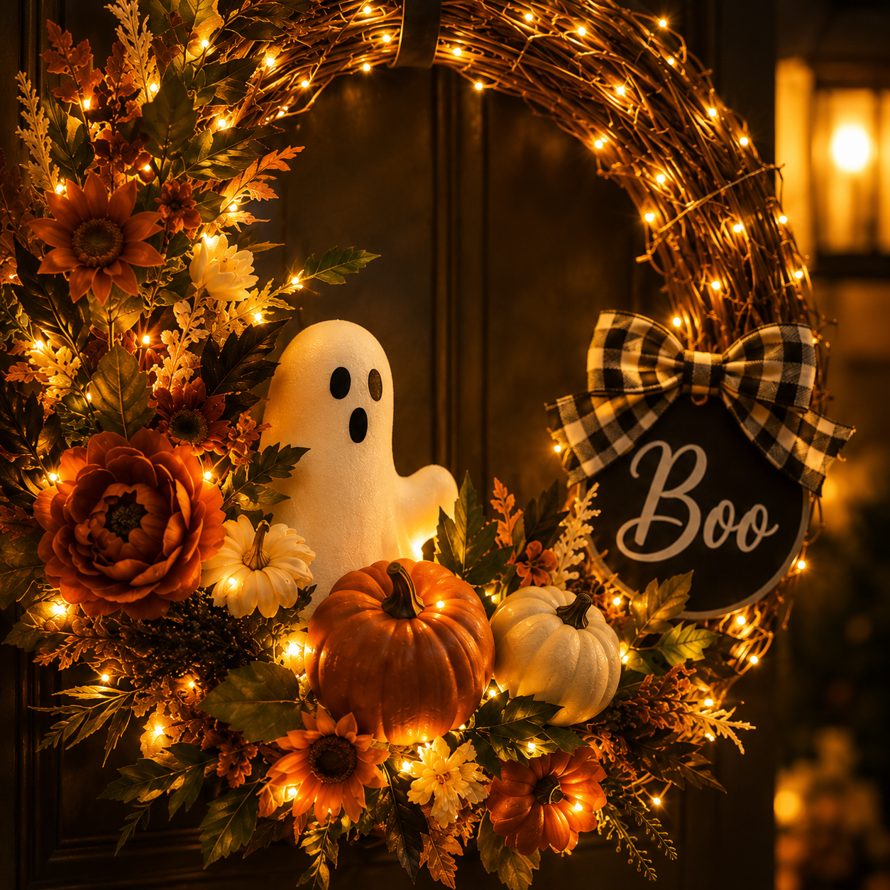 Lighted Ghost & Pumpkin Halloween Wreath