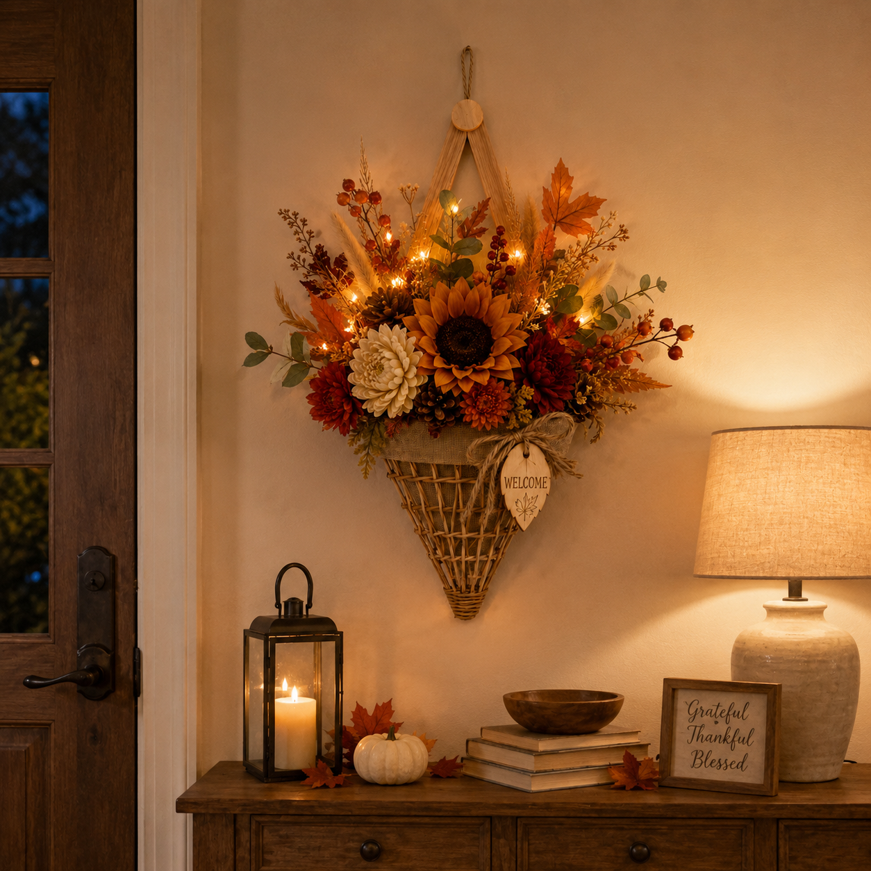 Lighted Fall Floral Hanging Basket with Wooden Frame