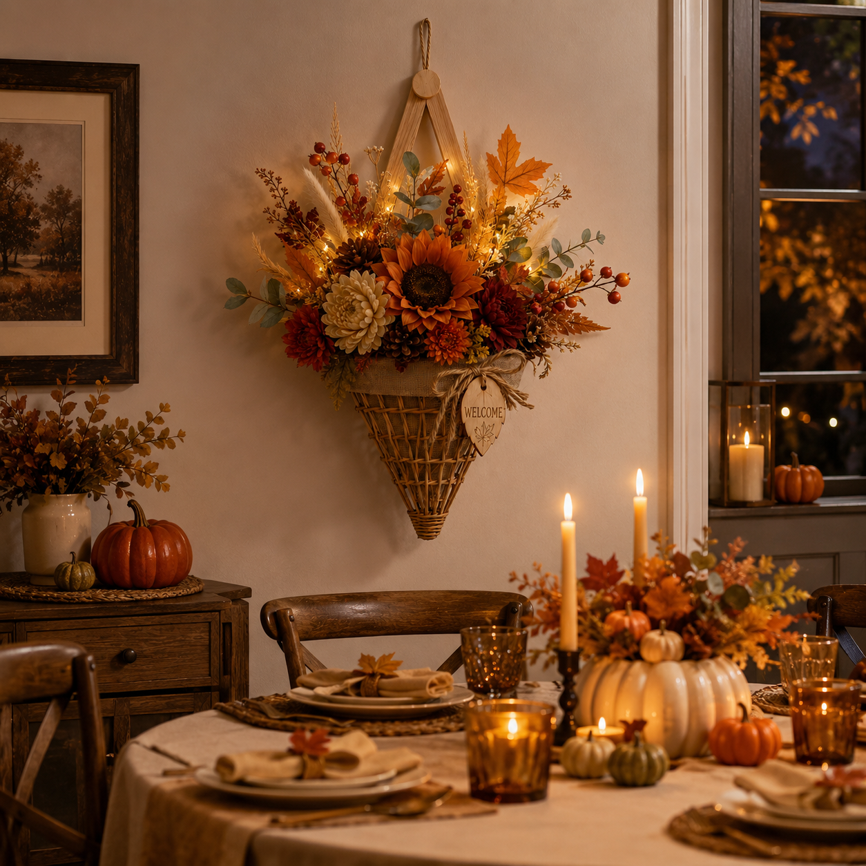 Lighted Fall Floral Hanging Basket with Wooden Frame