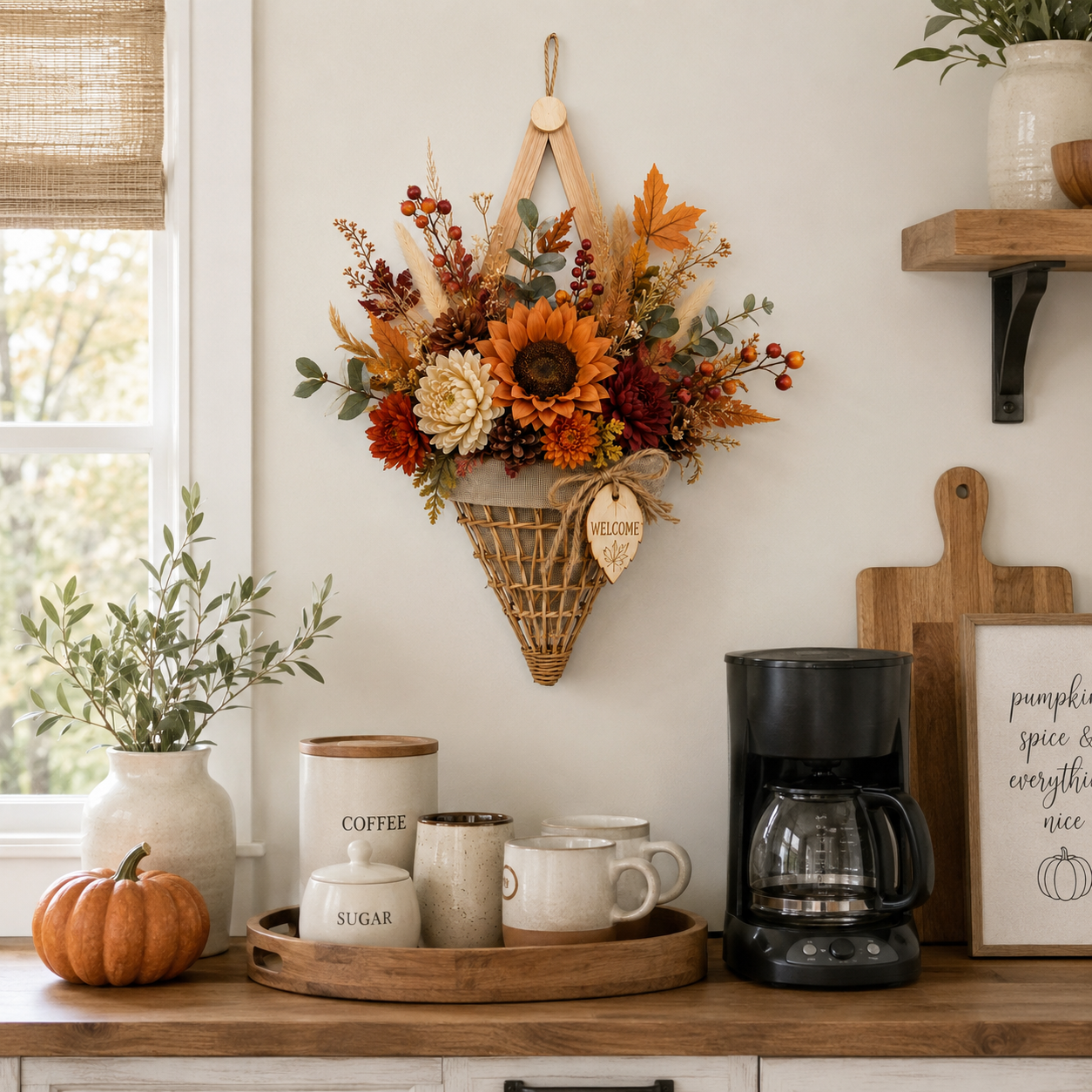 Lighted Fall Floral Hanging Basket with Wooden Frame
