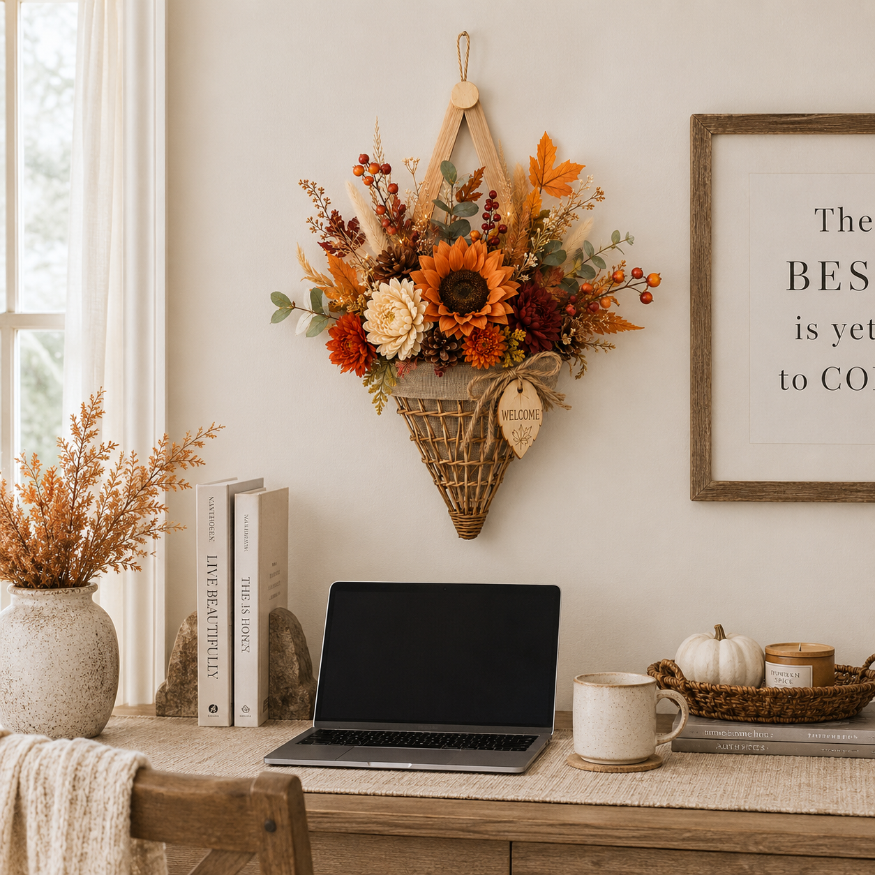 Lighted Fall Floral Hanging Basket with Wooden Frame