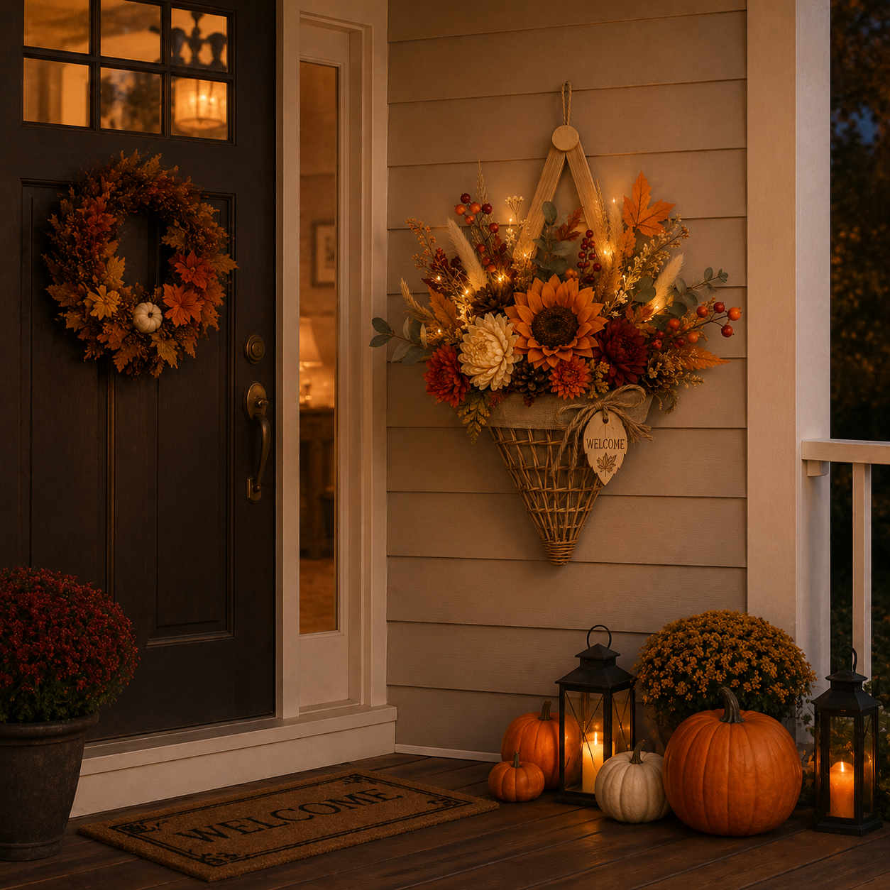 Lighted Fall Floral Hanging Basket with Wooden Frame