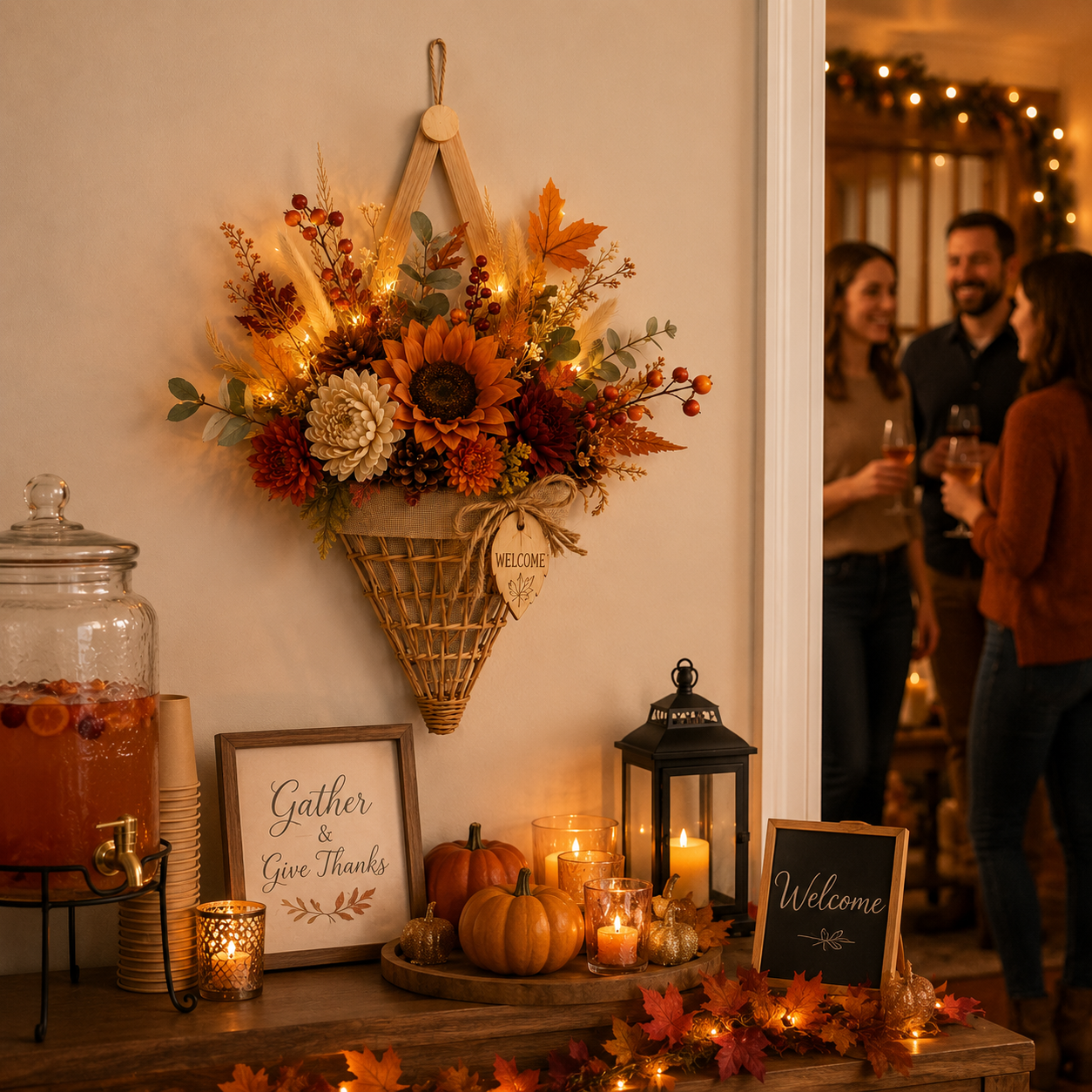Lighted Fall Floral Hanging Basket with Wooden Frame