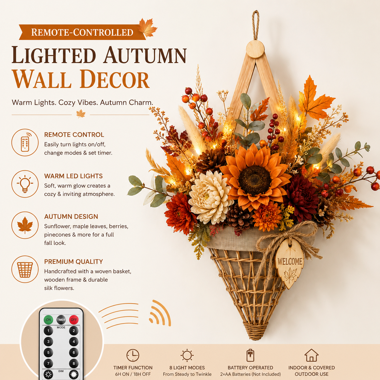 Lighted Fall Floral Hanging Basket with Wooden Frame