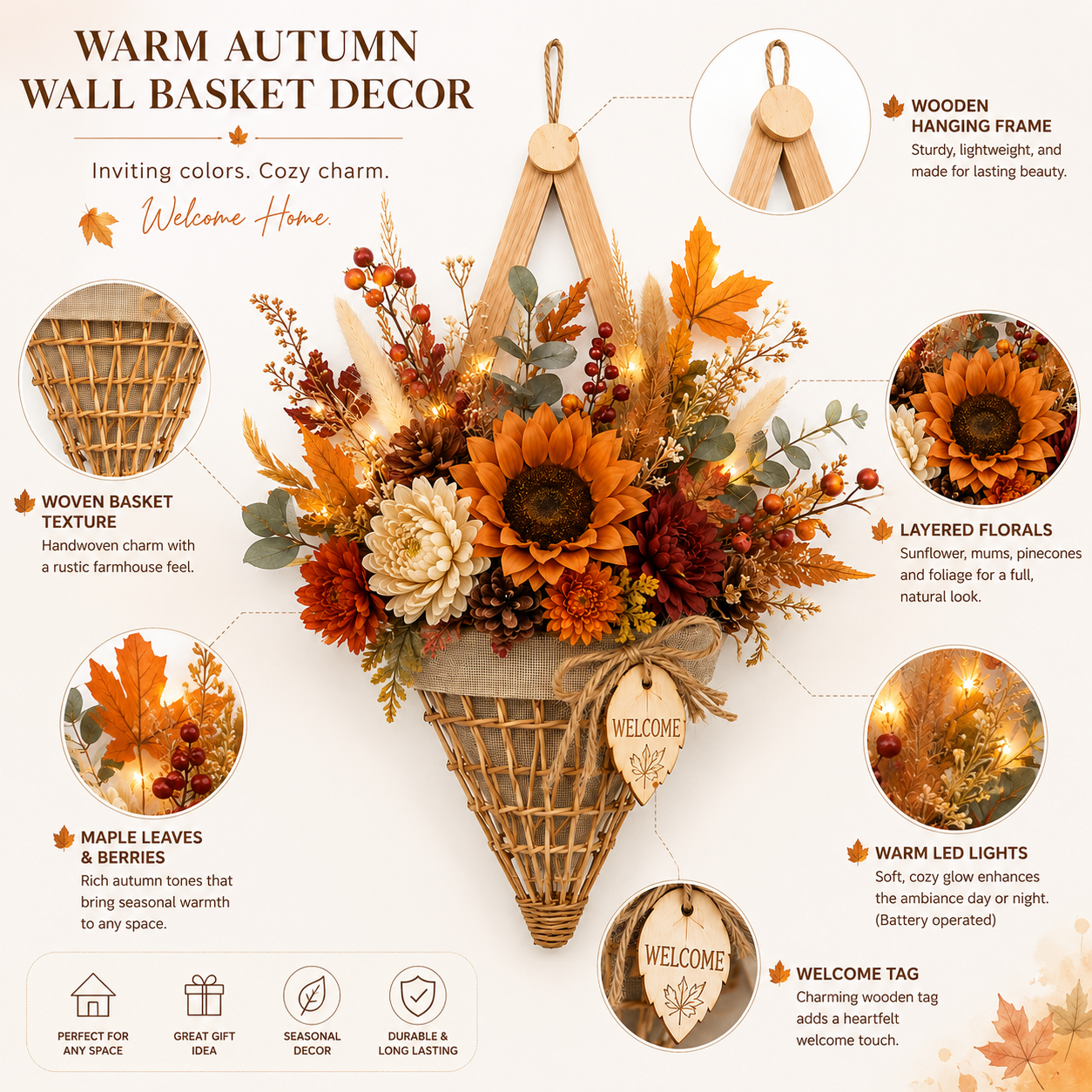 Lighted Fall Floral Hanging Basket with Wooden Frame