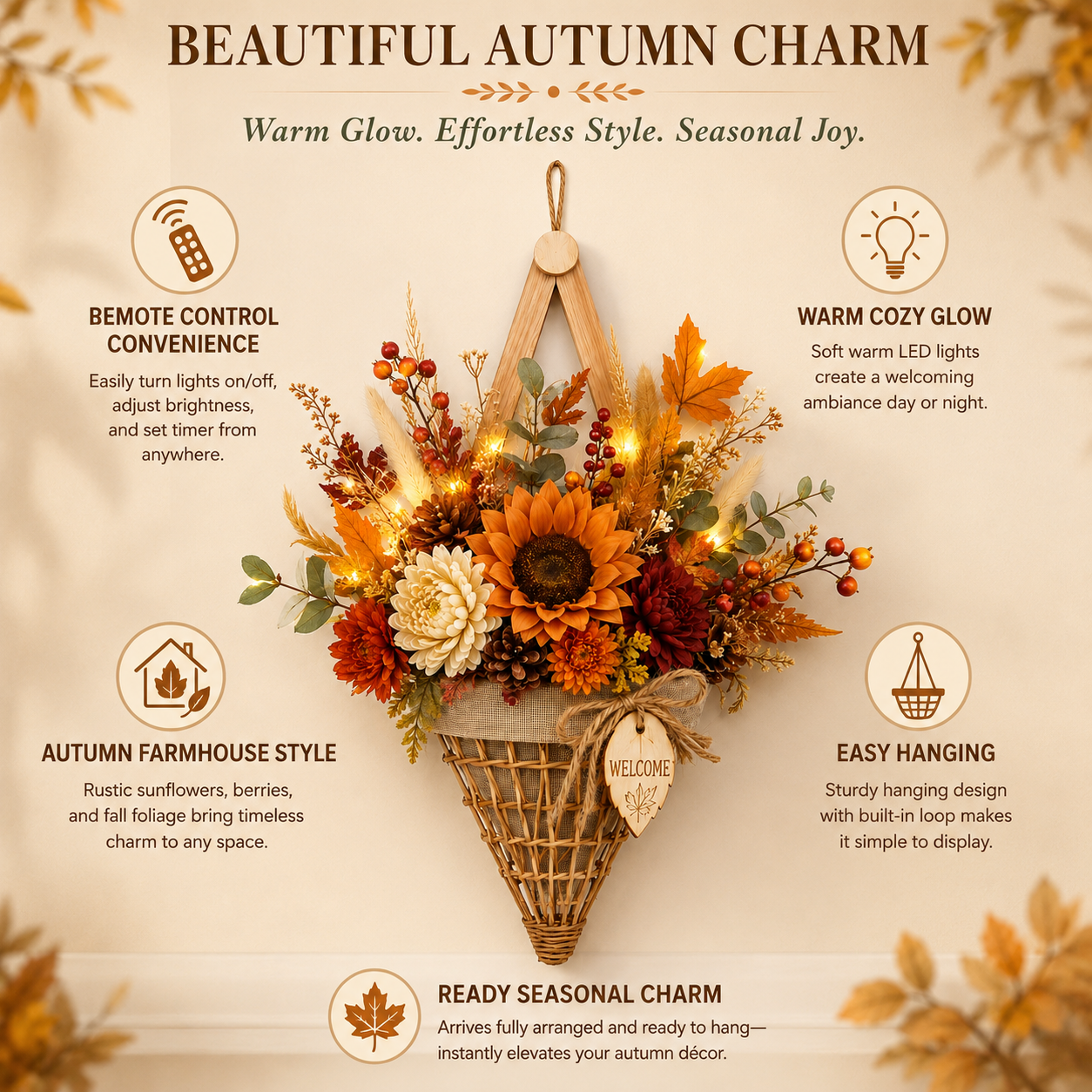 Lighted Fall Floral Hanging Basket with Wooden Frame