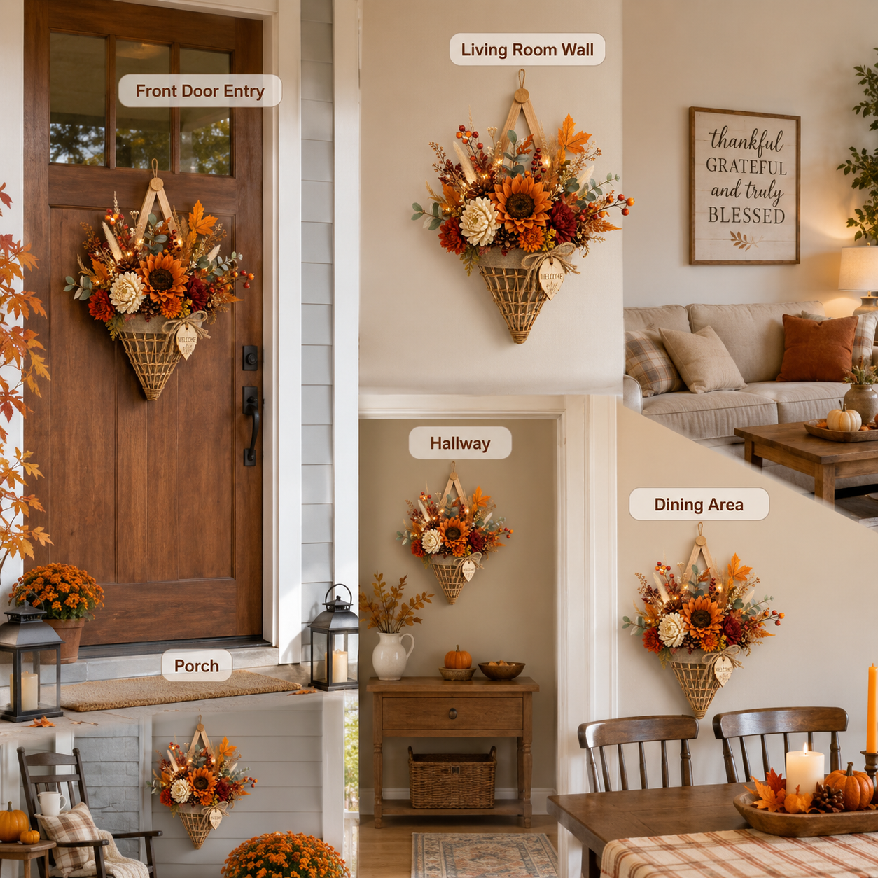 Lighted Fall Floral Hanging Basket with Wooden Frame