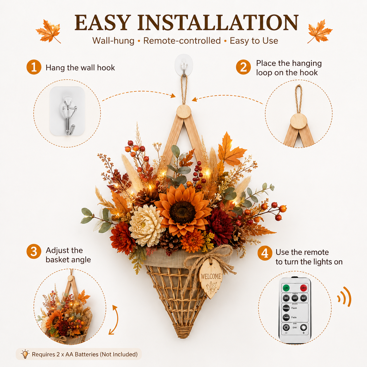 Lighted Fall Floral Hanging Basket with Wooden Frame