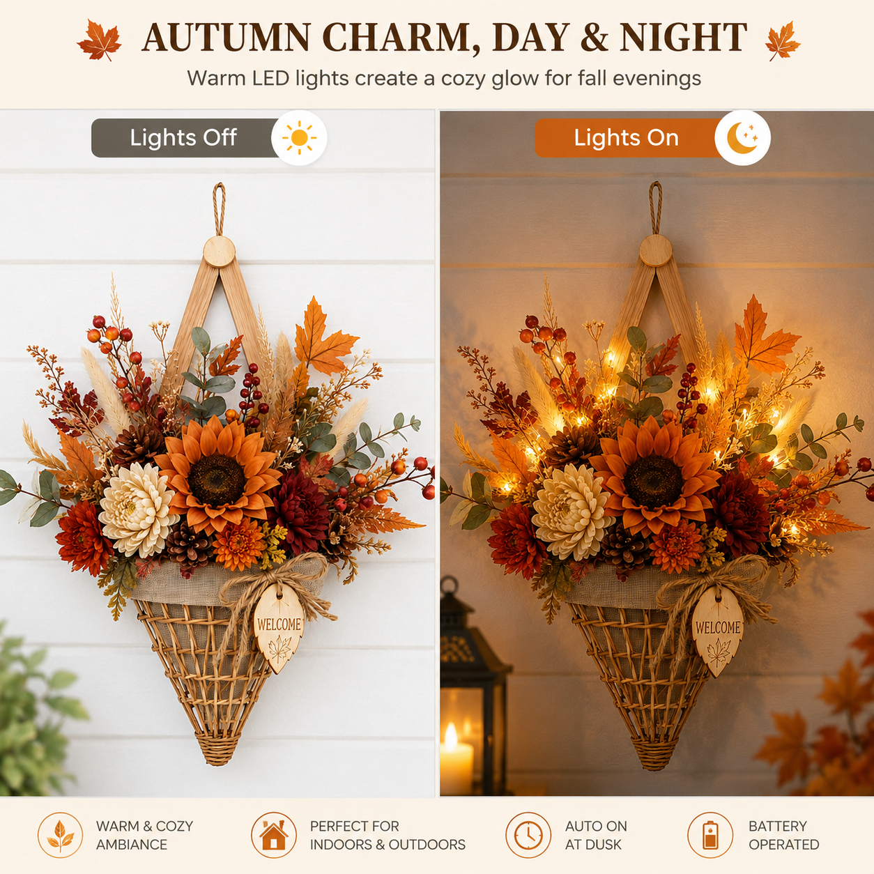 Lighted Fall Floral Hanging Basket with Wooden Frame