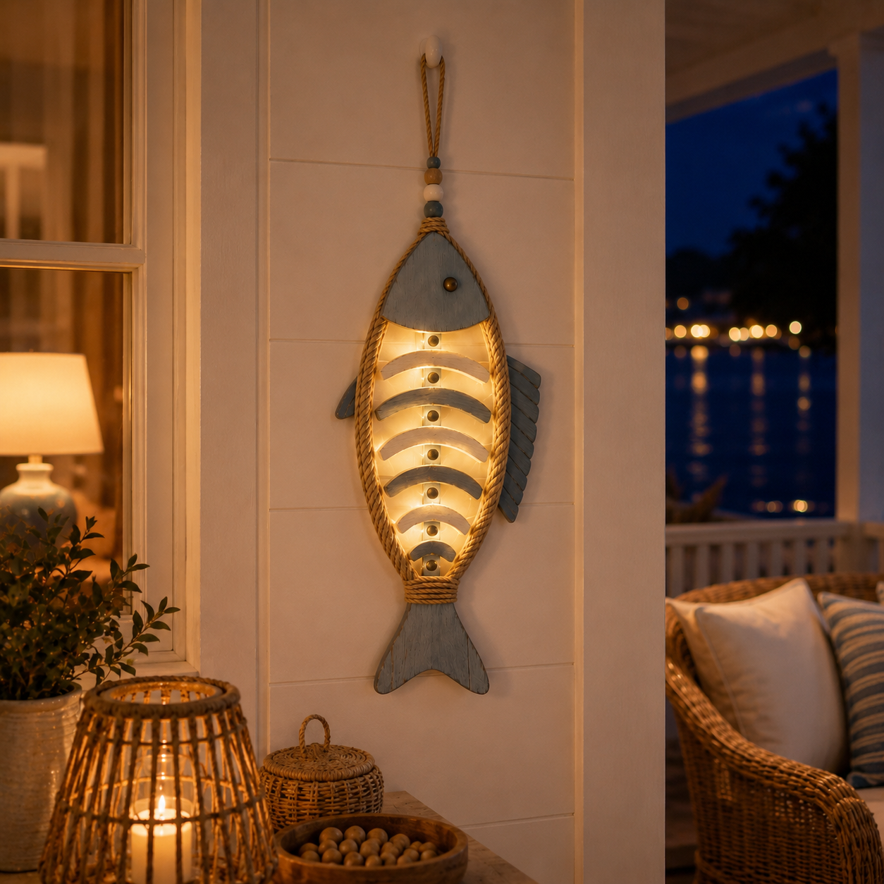 Remote-Controlled Lighted Coastal Fishbone Wall Decor