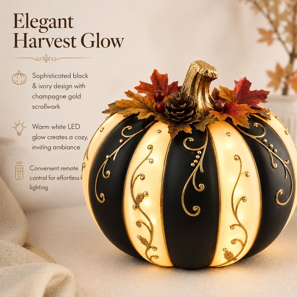Lighted Black & Ivory Fall Pumpkin Decor