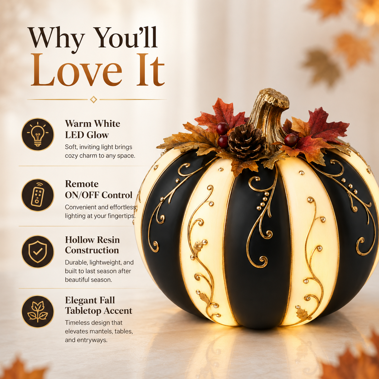 Lighted Black & Ivory Fall Pumpkin Decor