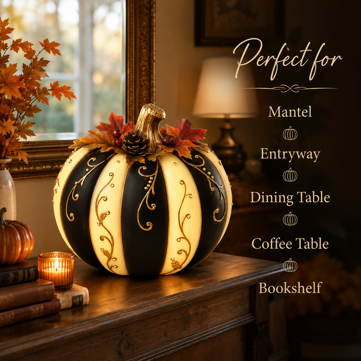 Lighted Black & Ivory Fall Pumpkin Decor