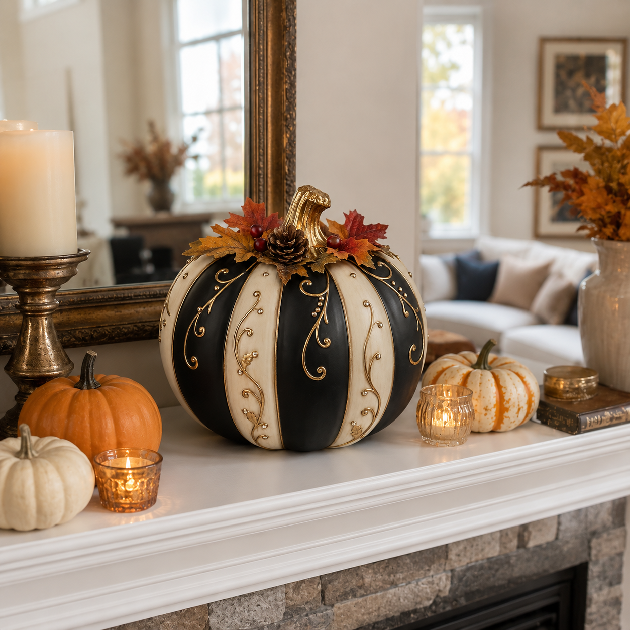Lighted Black & Ivory Fall Pumpkin Decor