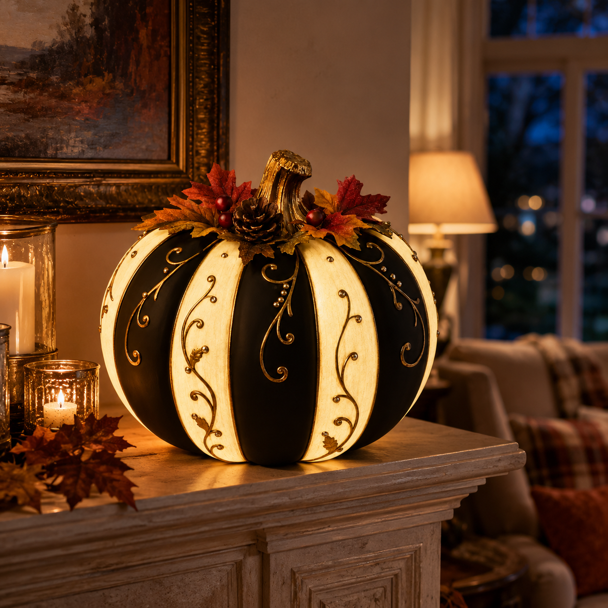 Lighted Black & Ivory Fall Pumpkin Decor
