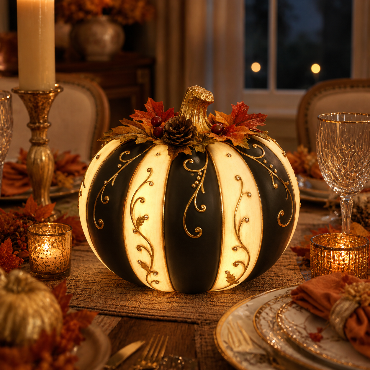 Lighted Black & Ivory Fall Pumpkin Decor