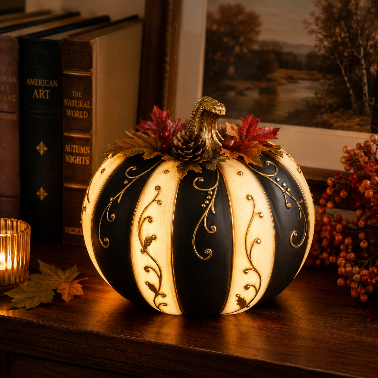 Lighted Black & Ivory Fall Pumpkin Decor