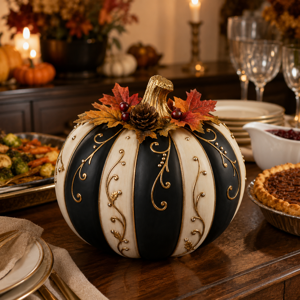 Lighted Black & Ivory Fall Pumpkin Decor