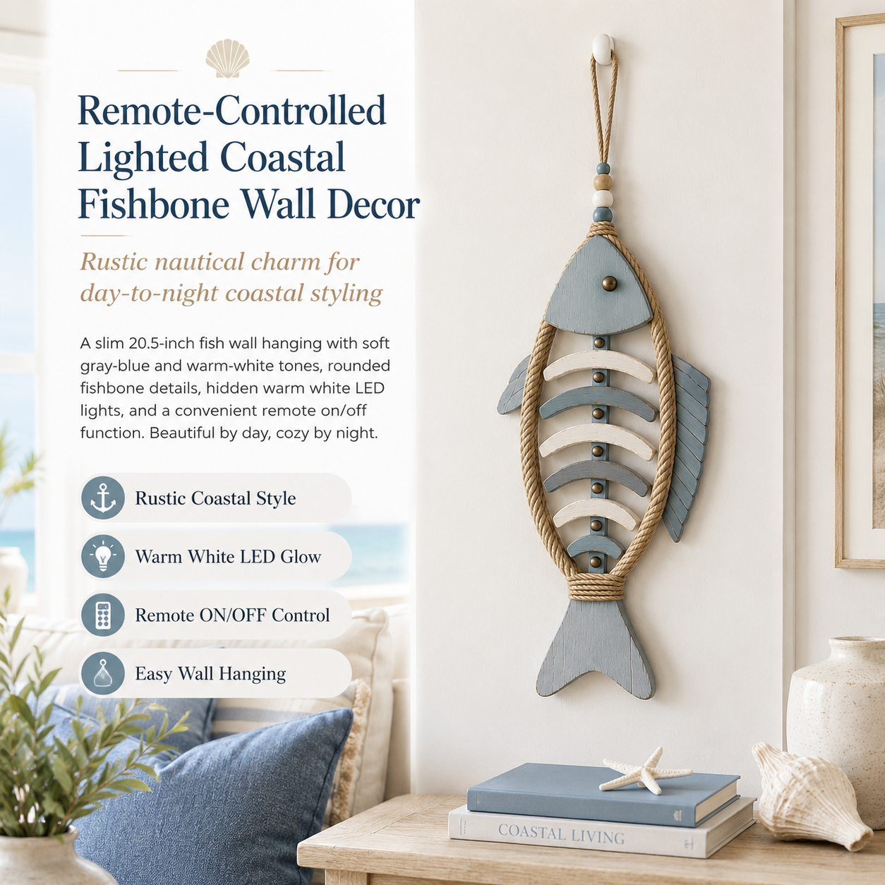 Remote-Controlled Lighted Coastal Fishbone Wall Decor