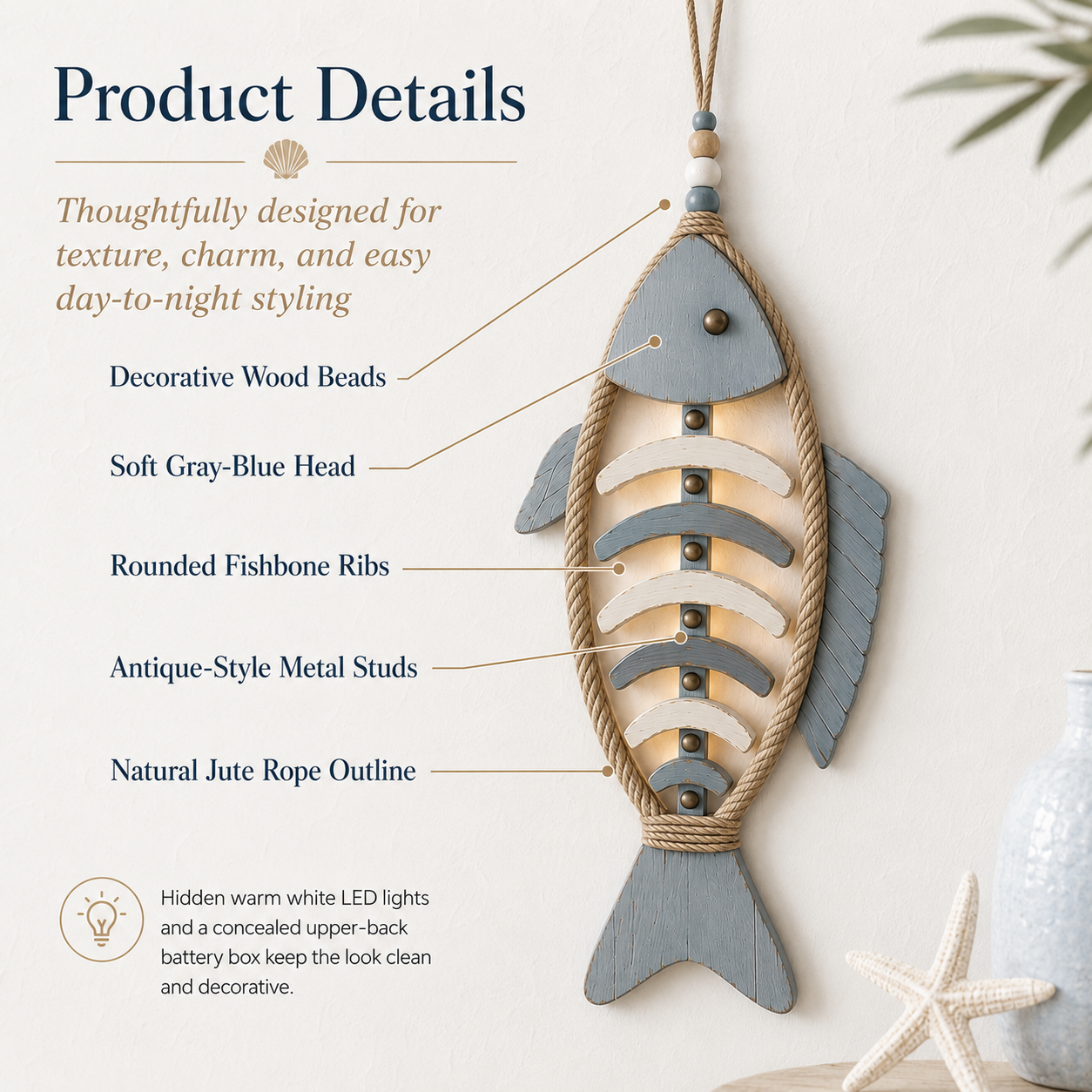 Remote-Controlled Lighted Coastal Fishbone Wall Decor