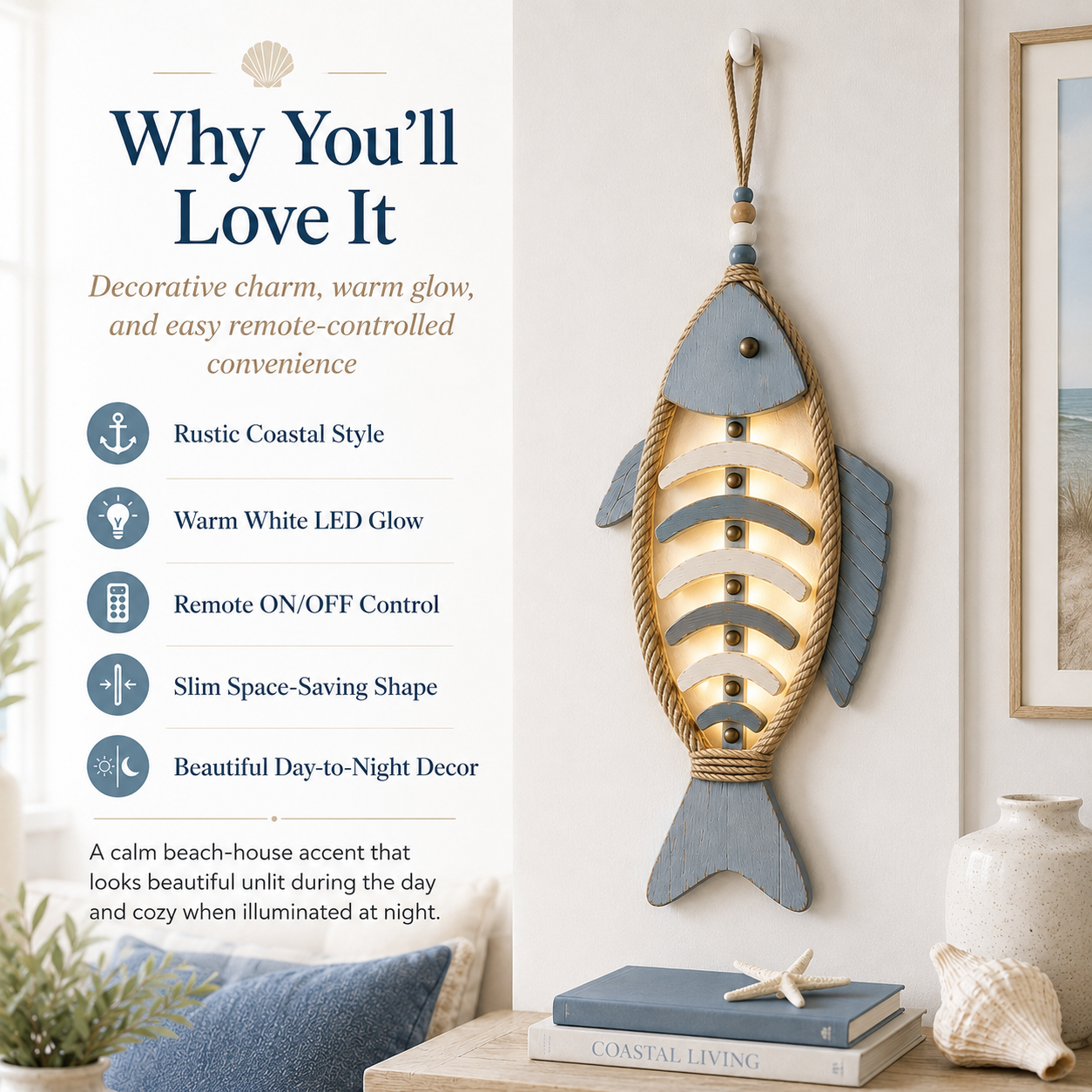 Remote-Controlled Lighted Coastal Fishbone Wall Decor