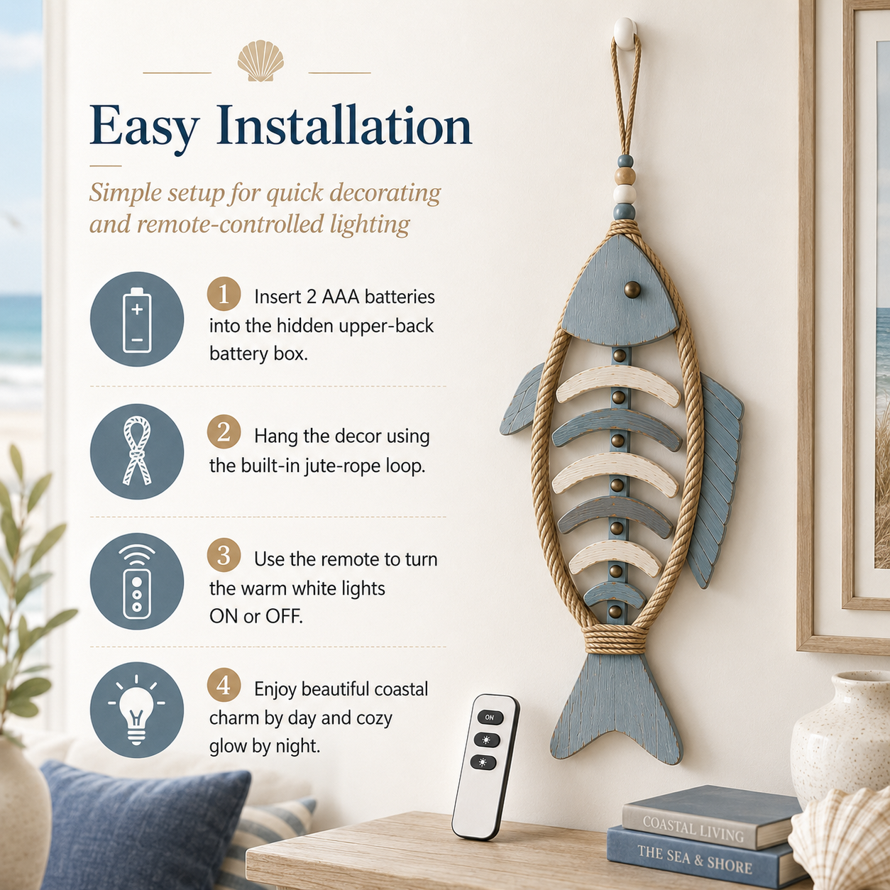 Remote-Controlled Lighted Coastal Fishbone Wall Decor
