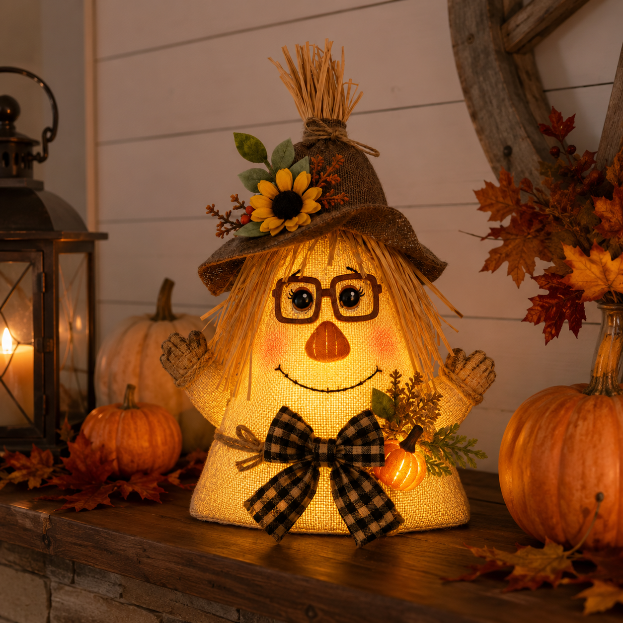 Lighted Farmhouse Halloween Scarecrow Witch Tabletop Decor, 11-Inch Cute Fall Harvest Witch Figurine with Warm LED Lights