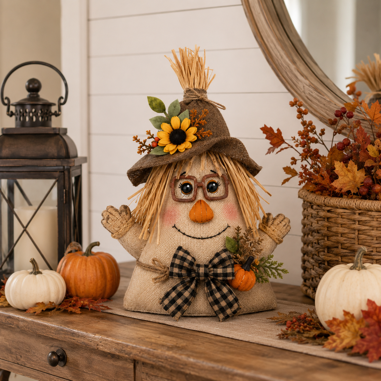 Lighted Farmhouse Halloween Scarecrow Witch Tabletop Decor, 11-Inch Cute Fall Harvest Witch Figurine with Warm LED Lights