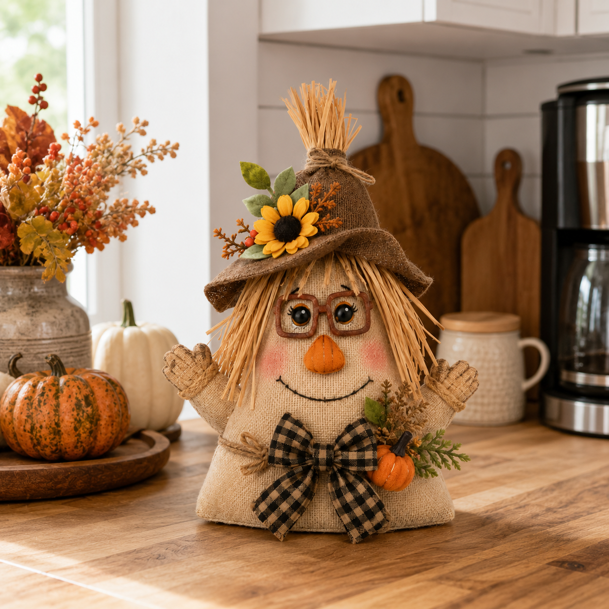 Lighted Farmhouse Halloween Scarecrow Witch Tabletop Decor, 11-Inch Cute Fall Harvest Witch Figurine with Warm LED Lights