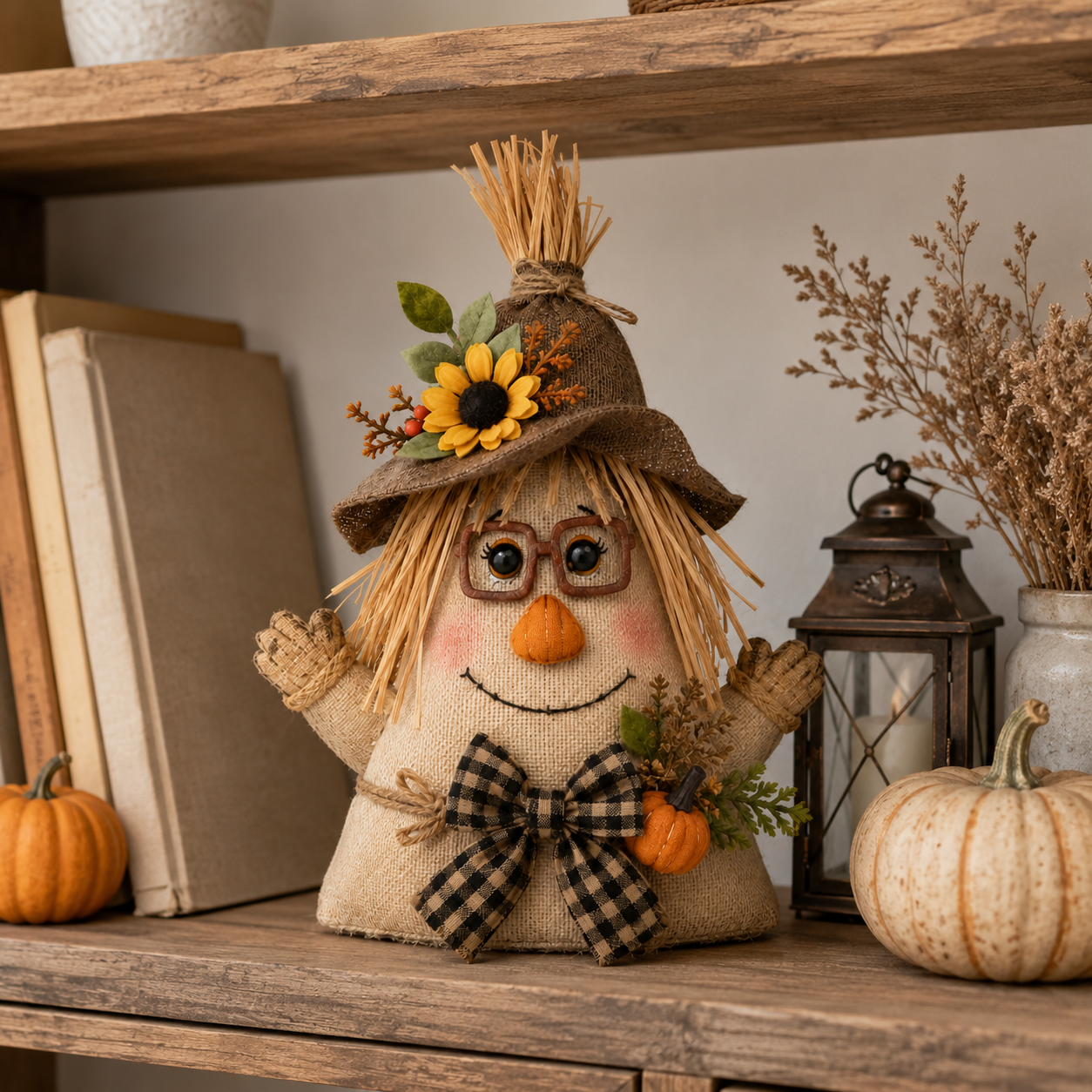 Lighted Farmhouse Halloween Scarecrow Witch Tabletop Decor, 11-Inch Cute Fall Harvest Witch Figurine with Warm LED Lights