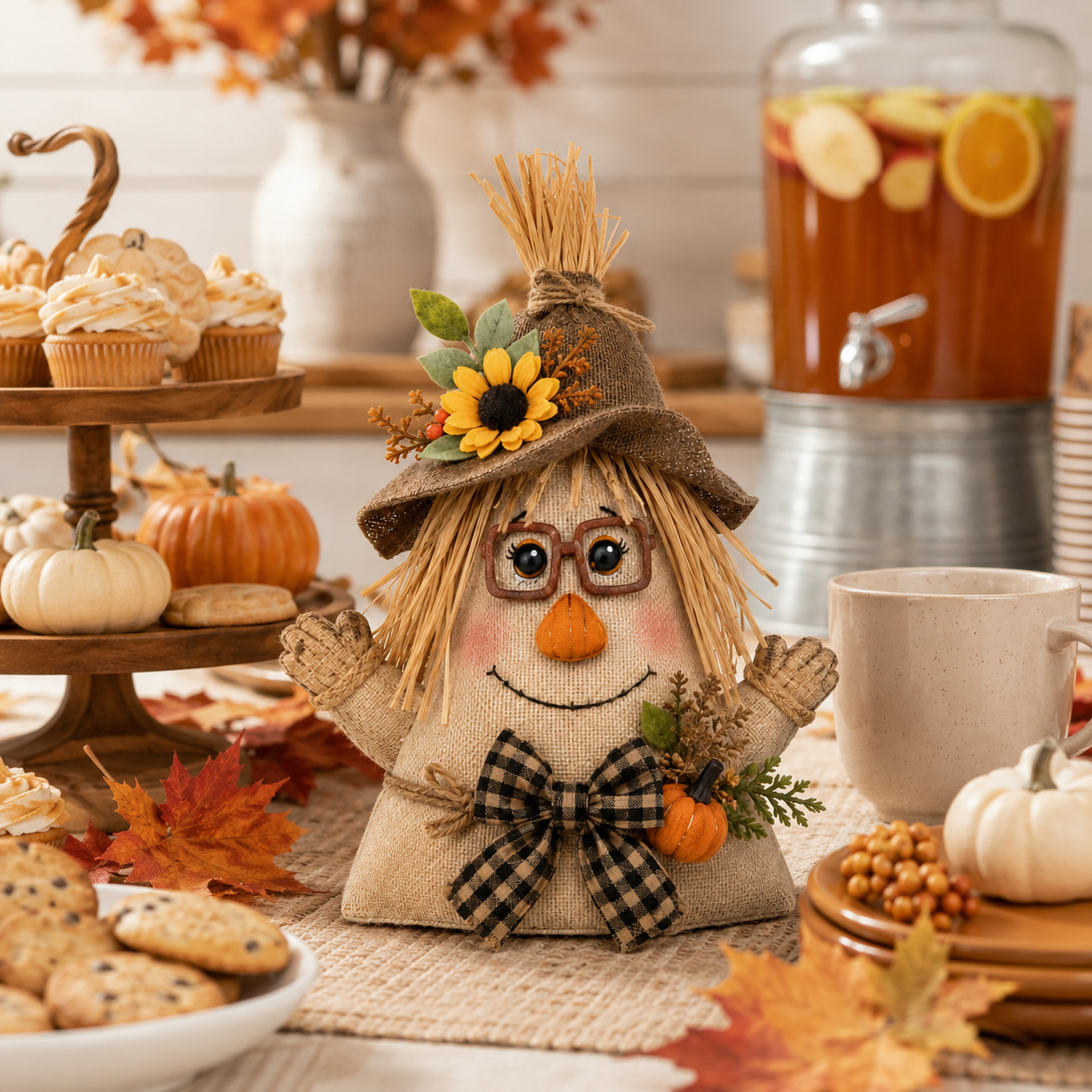 Lighted Farmhouse Halloween Scarecrow Witch Tabletop Decor, 11-Inch Cute Fall Harvest Witch Figurine with Warm LED Lights