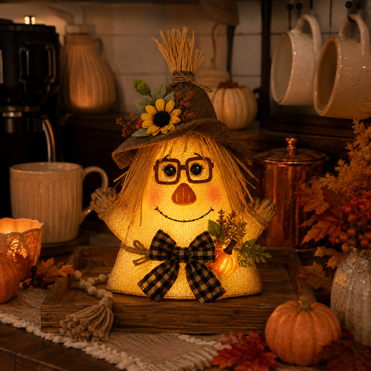 Lighted Farmhouse Halloween Scarecrow Witch Tabletop Decor, 11-Inch Cute Fall Harvest Witch Figurine with Warm LED Lights