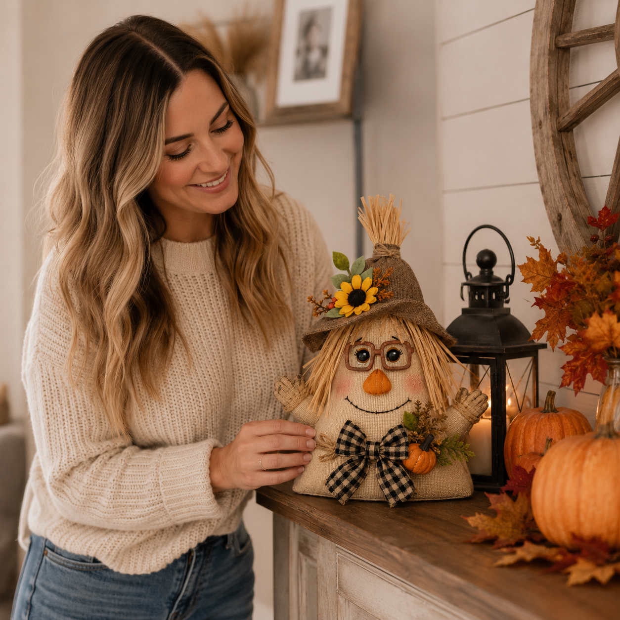 Lighted Farmhouse Halloween Scarecrow Witch Tabletop Decor, 11-Inch Cute Fall Harvest Witch Figurine with Warm LED Lights
