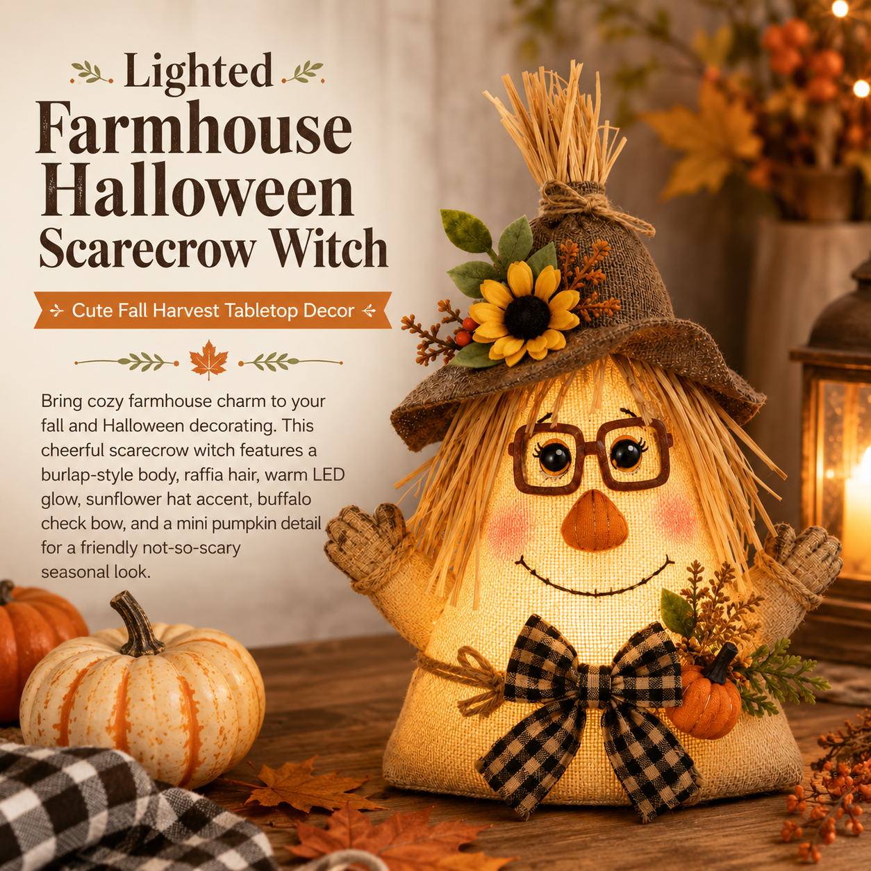 Lighted Farmhouse Halloween Scarecrow Witch Tabletop Decor, 11-Inch Cute Fall Harvest Witch Figurine with Warm LED Lights