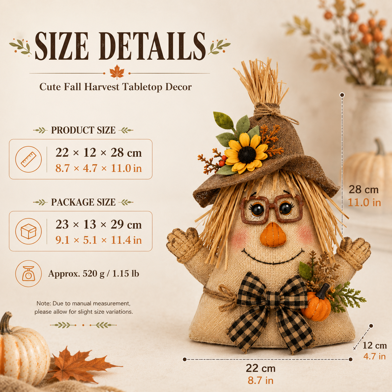 Lighted Farmhouse Halloween Scarecrow Witch Tabletop Decor, 11-Inch Cute Fall Harvest Witch Figurine with Warm LED Lights