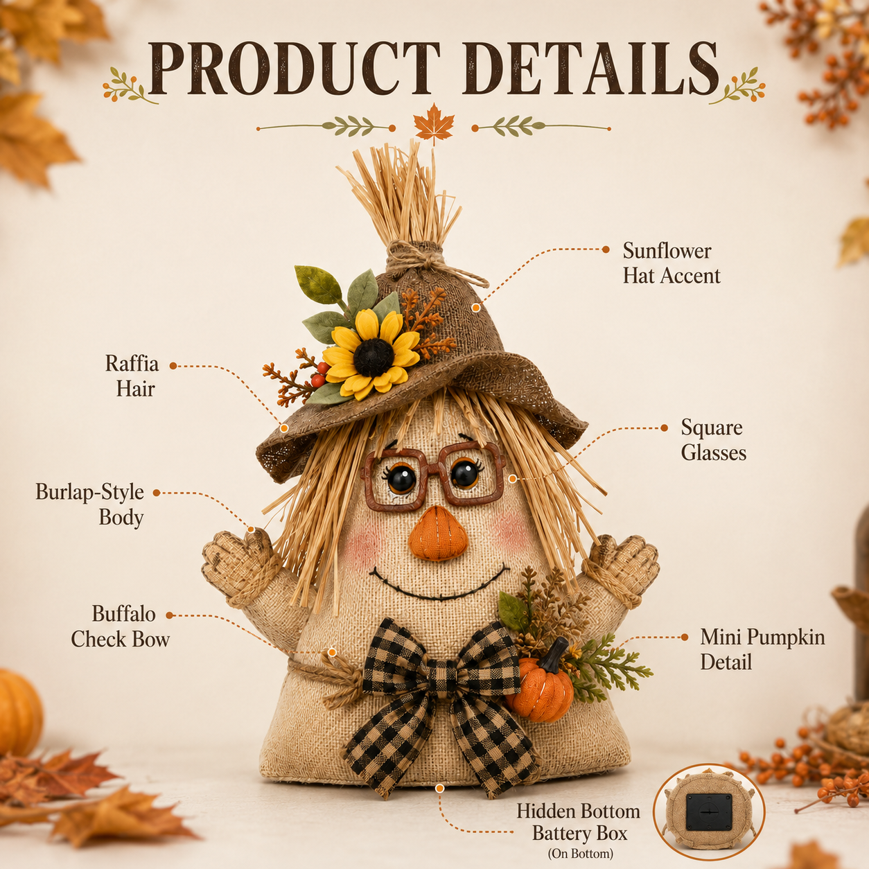 Lighted Farmhouse Halloween Scarecrow Witch Tabletop Decor, 11-Inch Cute Fall Harvest Witch Figurine with Warm LED Lights