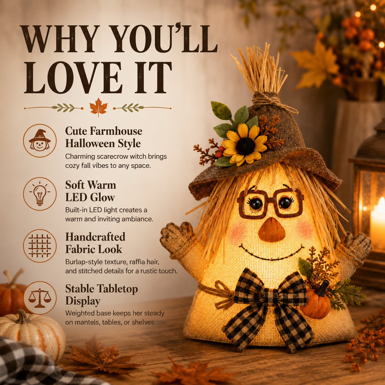 Lighted Farmhouse Halloween Scarecrow Witch Tabletop Decor, 11-Inch Cute Fall Harvest Witch Figurine with Warm LED Lights
