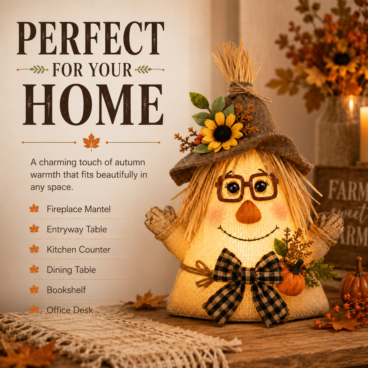 Lighted Farmhouse Halloween Scarecrow Witch Tabletop Decor, 11-Inch Cute Fall Harvest Witch Figurine with Warm LED Lights