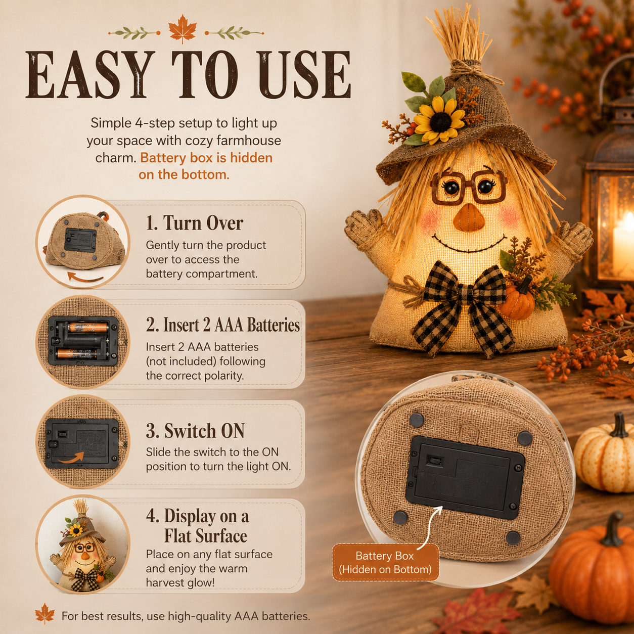 Lighted Farmhouse Halloween Scarecrow Witch Tabletop Decor, 11-Inch Cute Fall Harvest Witch Figurine with Warm LED Lights