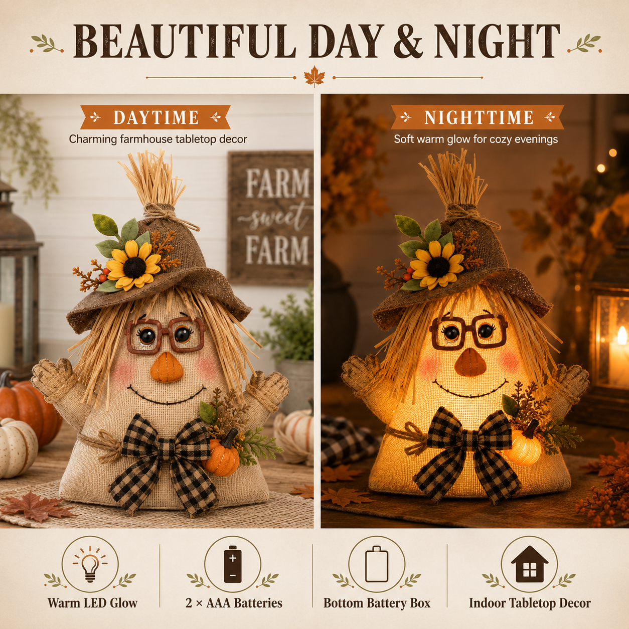 Lighted Farmhouse Halloween Scarecrow Witch Tabletop Decor, 11-Inch Cute Fall Harvest Witch Figurine with Warm LED Lights