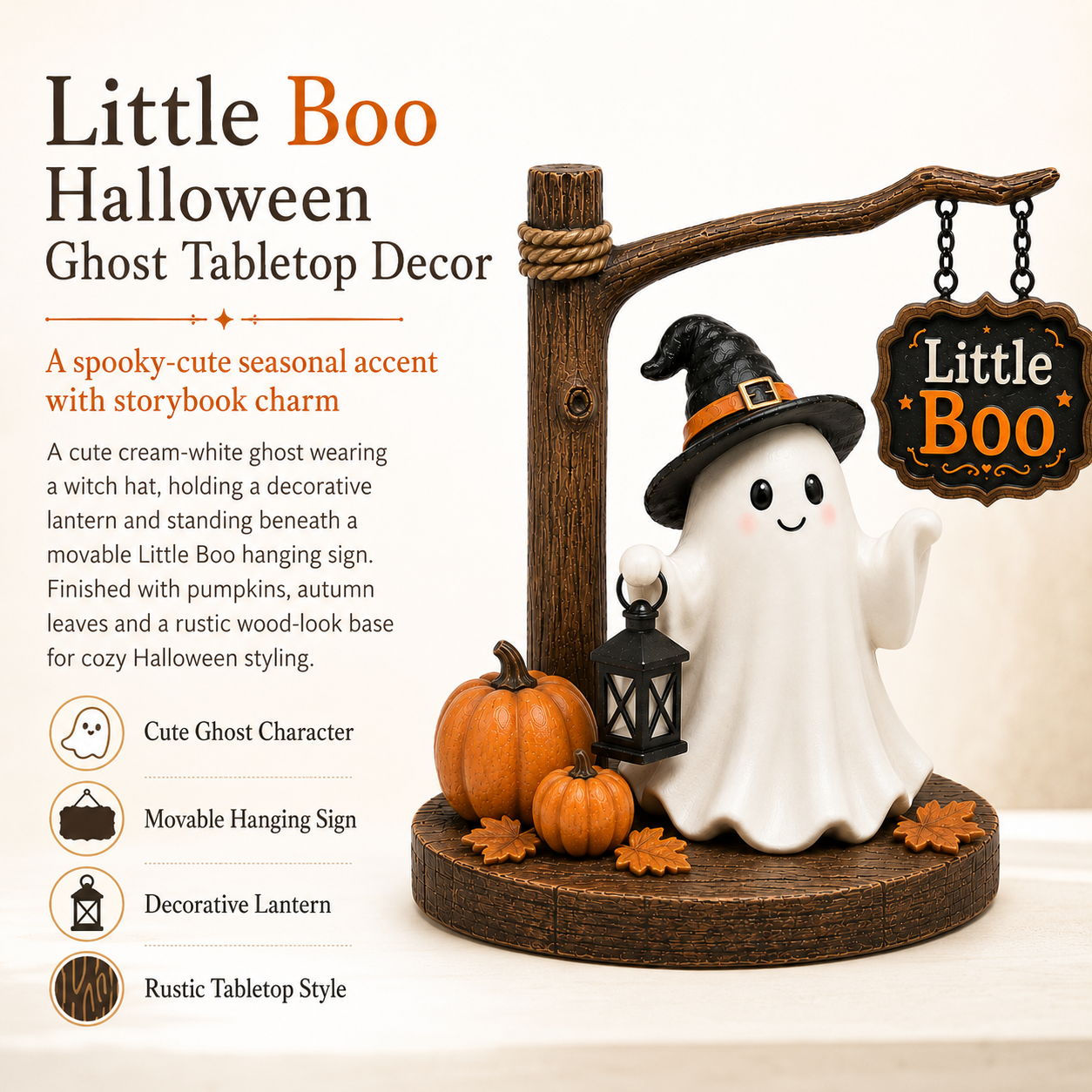 Little Boo Halloween Ghost Tabletop Decor 8.3-Inch Cute Ghost Figurine with Witch Hat