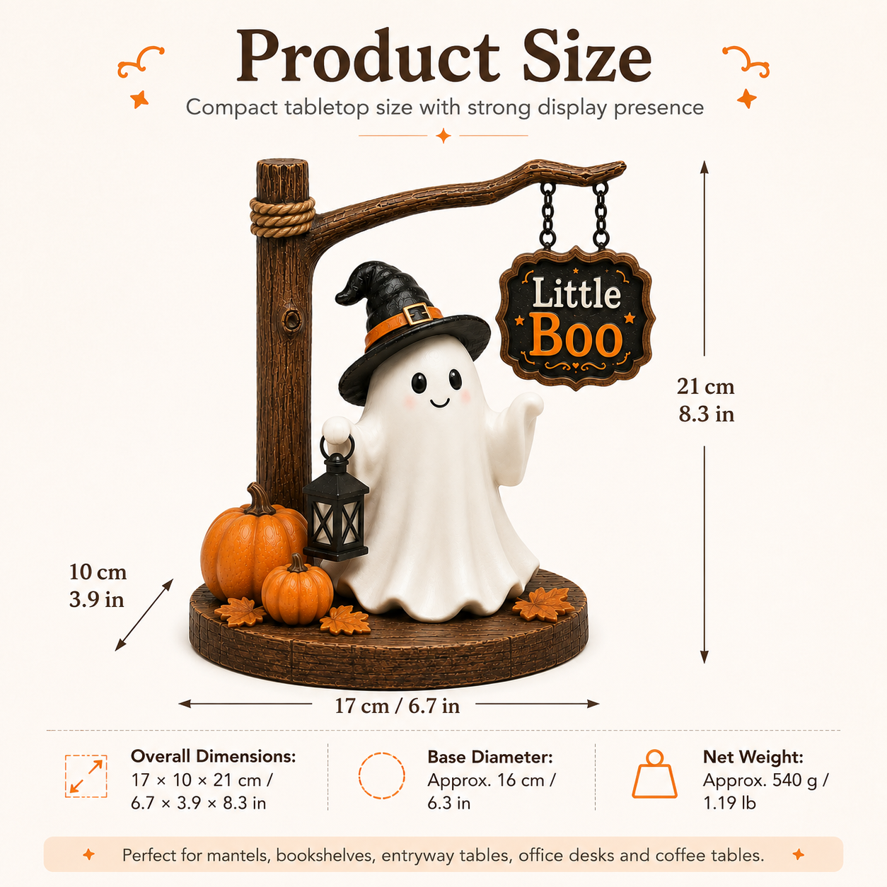 Little Boo Halloween Ghost Tabletop Decor 8.3-Inch Cute Ghost Figurine with Witch Hat