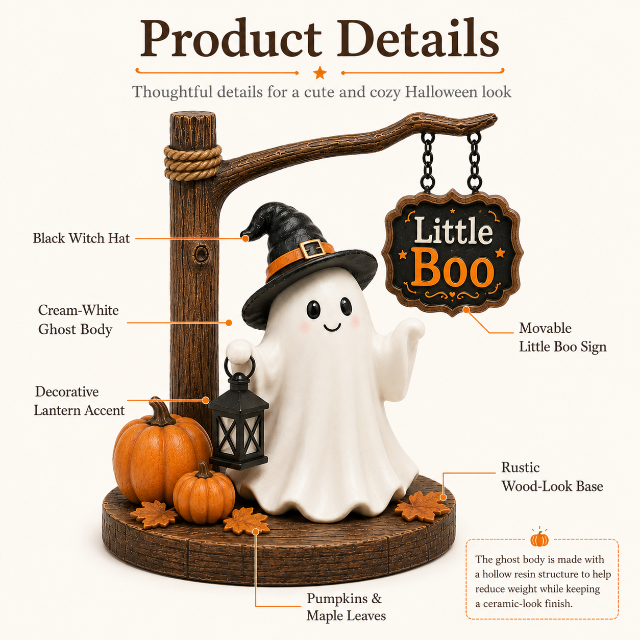 Little Boo Halloween Ghost Tabletop Decor 8.3-Inch Cute Ghost Figurine with Witch Hat