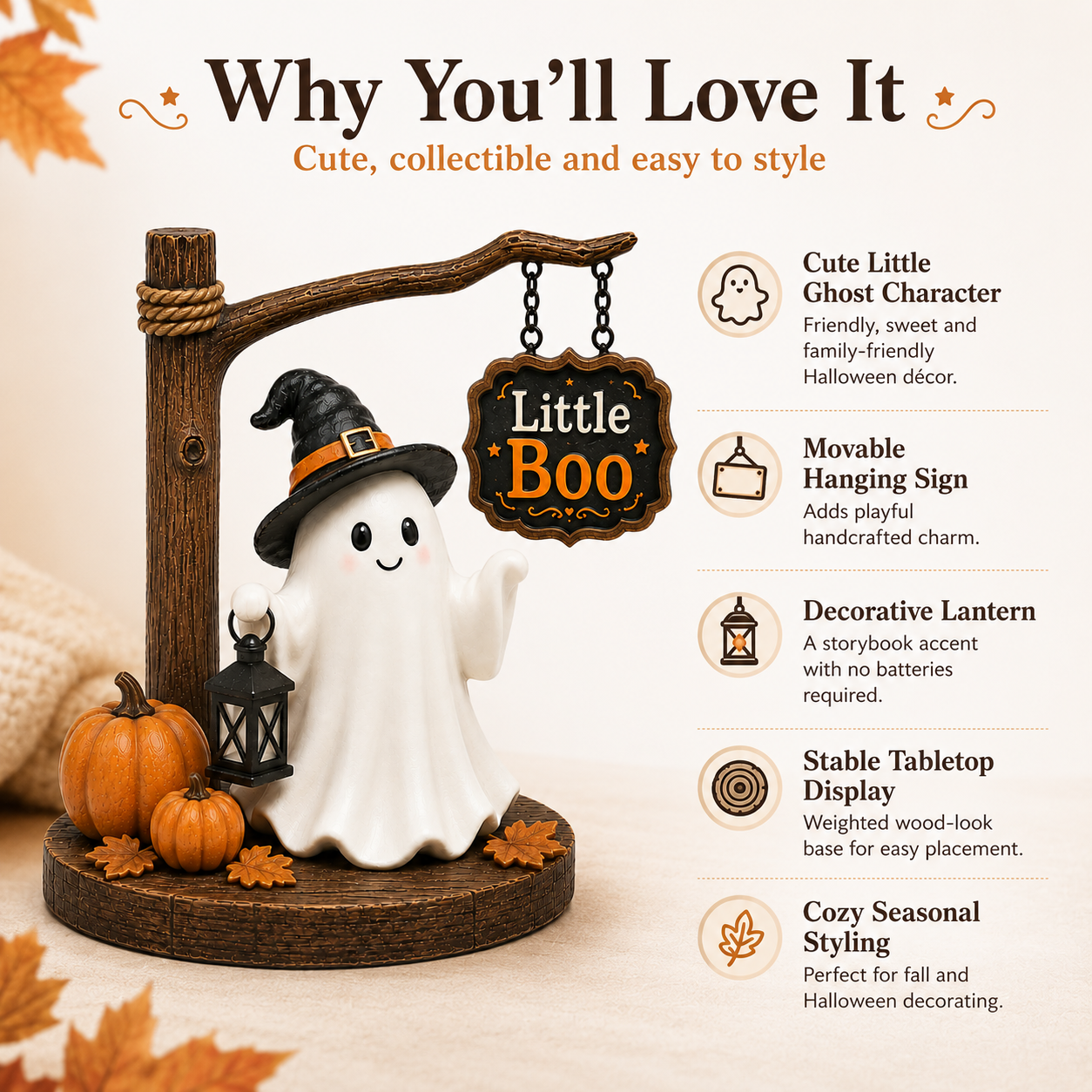 Little Boo Halloween Ghost Tabletop Decor 8.3-Inch Cute Ghost Figurine with Witch Hat