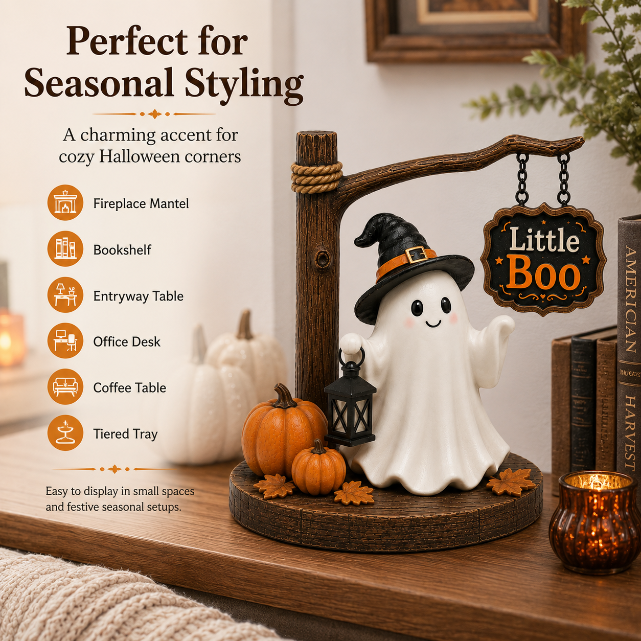 Little Boo Halloween Ghost Tabletop Decor 8.3-Inch Cute Ghost Figurine with Witch Hat