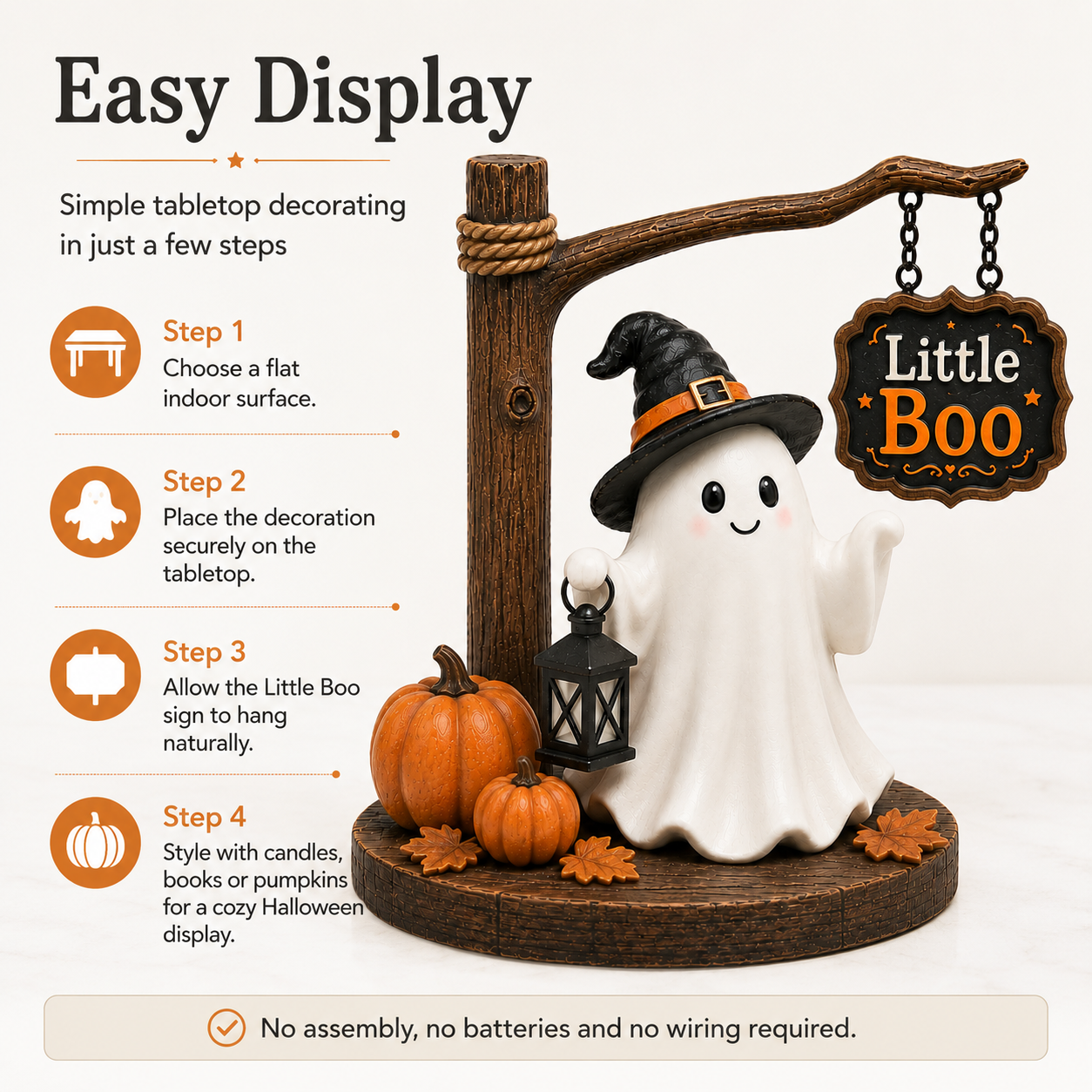 Little Boo Halloween Ghost Tabletop Decor 8.3-Inch Cute Ghost Figurine with Witch Hat