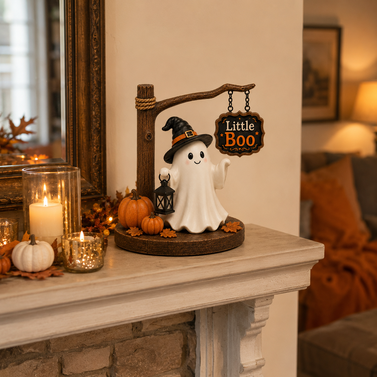 Little Boo Halloween Ghost Tabletop Decor 8.3-Inch Cute Ghost Figurine with Witch Hat