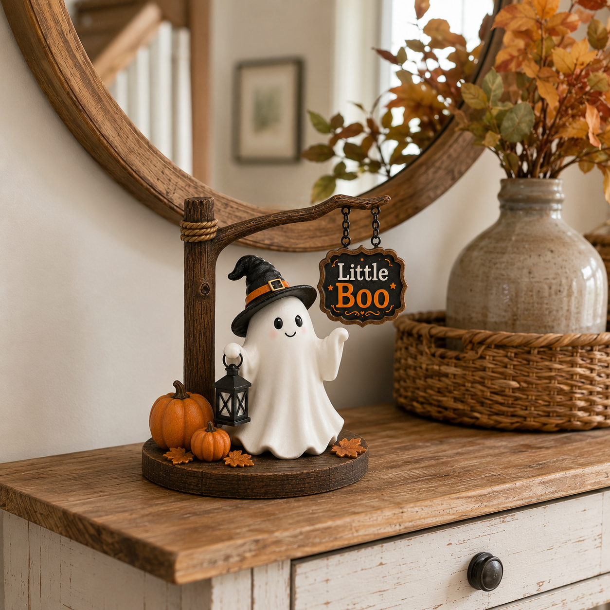 Little Boo Halloween Ghost Tabletop Decor 8.3-Inch Cute Ghost Figurine with Witch Hat