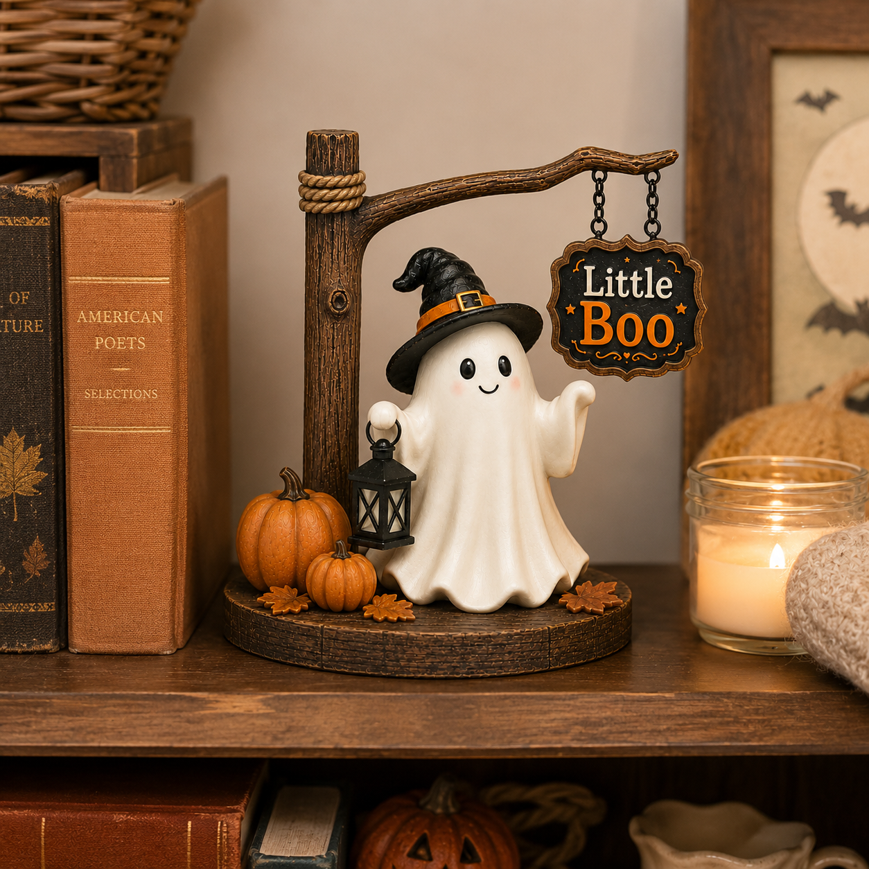 Little Boo Halloween Ghost Tabletop Decor 8.3-Inch Cute Ghost Figurine with Witch Hat