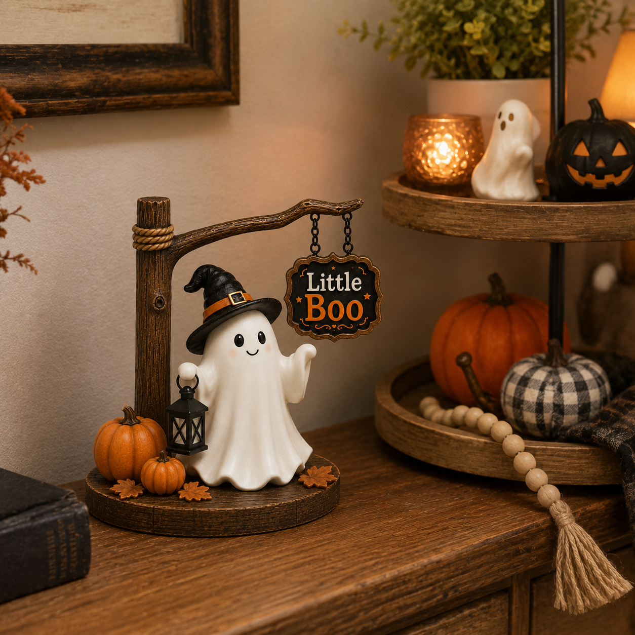 Little Boo Halloween Ghost Tabletop Decor 8.3-Inch Cute Ghost Figurine with Witch Hat